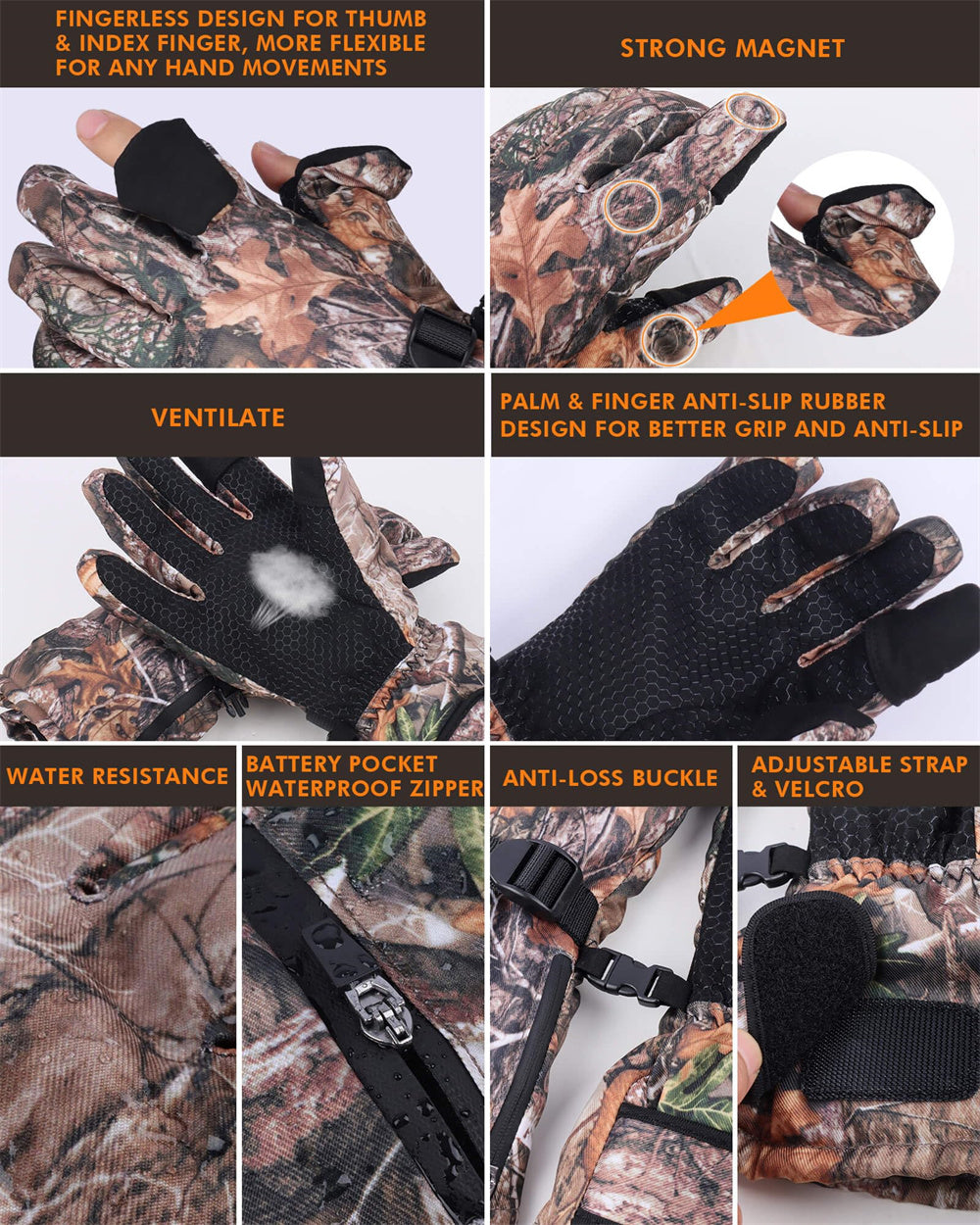 Heated Vest and Glove Set with Eight Zones and Magnetic Flip Fingertips