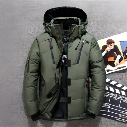 Synthetic Insulated Jacket with Adjustable Hood and Multiple Zippered Pockets, Water-Repellent