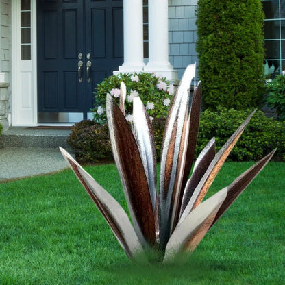 Metal Agave Plant Sculpture with Rust Finish and Metallic Highlights for Outdoor Decor