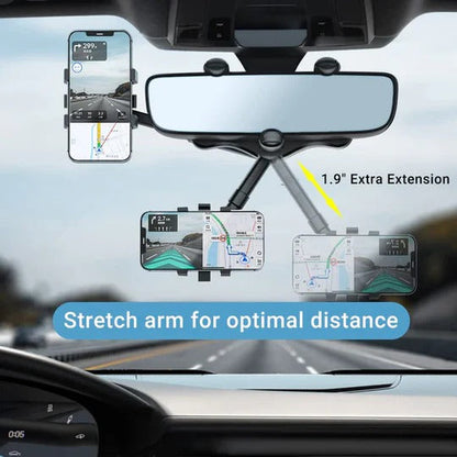 Rear View Mirror Phone Holder with 360 Degree Rotation and Retractable Arm Extension