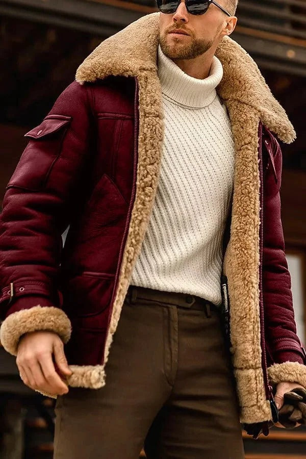 Genuine Sheepskin Jacket for Men with Interior Pockets and Zipper Closure