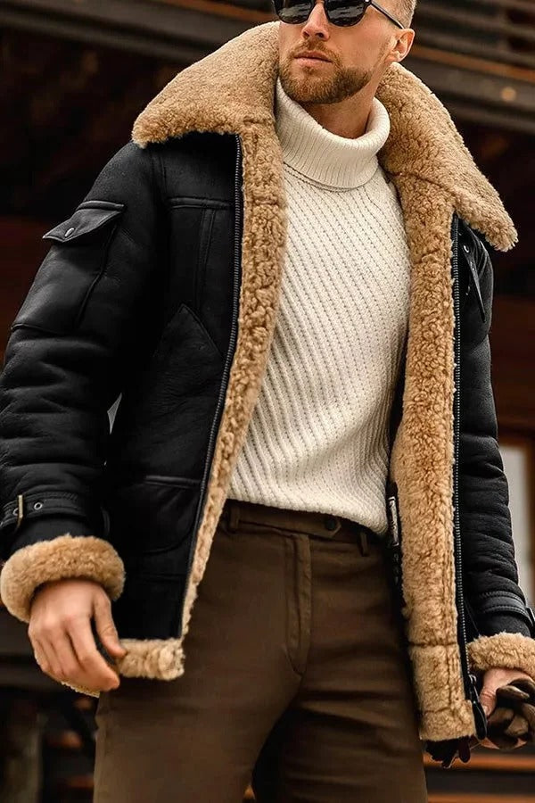 Genuine Sheepskin Jacket for Men with Interior Pockets and Zipper Closure