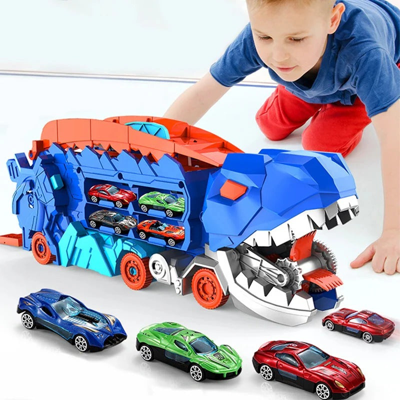 Transform-and-Race Dinosaur Truck Playset with Twin Tracks and 3 Mini Cars for Ages 3+