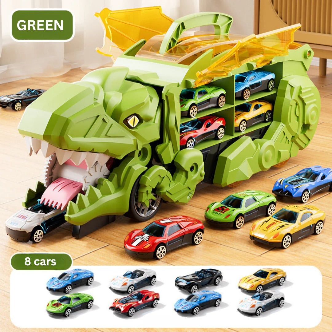 Transform-and-Race Dinosaur Truck Playset with Twin Tracks and 3 Mini Cars for Ages 3+