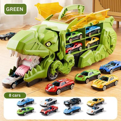 Transform-and-Race Dinosaur Truck Playset with Twin Tracks and 3 Mini Cars for Ages 3+