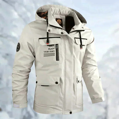 Men's Outdoor Jacket with Breathable Membrane and Removable Hood, Zippered Pockets