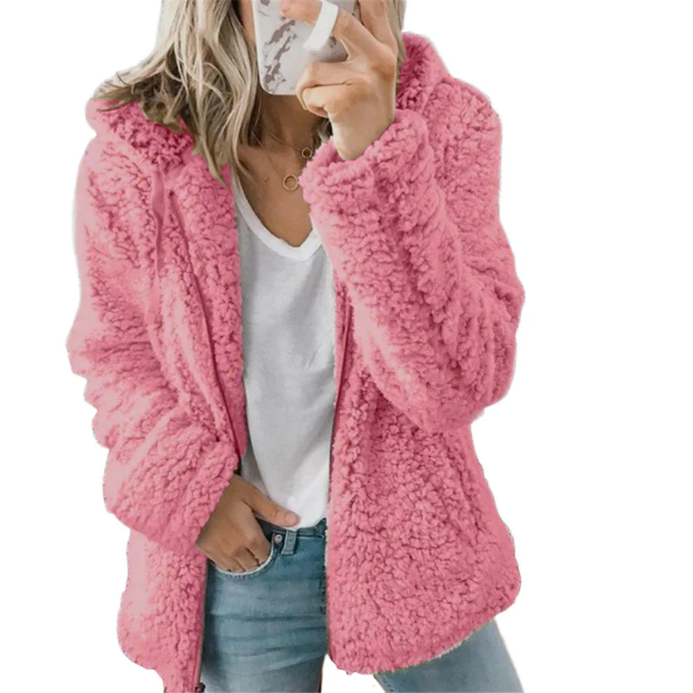 Fleece Coat with Teddy Bear Texture and Front Zipper, Side Pockets