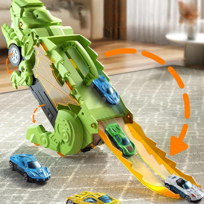 Transform-and-Race Dinosaur Truck Playset with Twin Tracks and 3 Mini Cars for Ages 3+