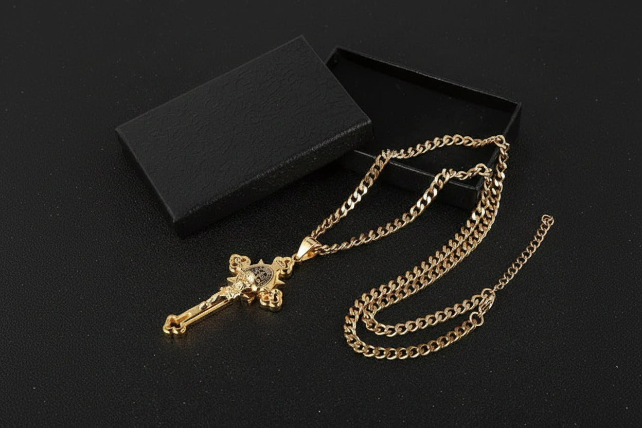 Engraved Crucifix Medal Pendant with Dual-Sided Design and Silver Tone Finish