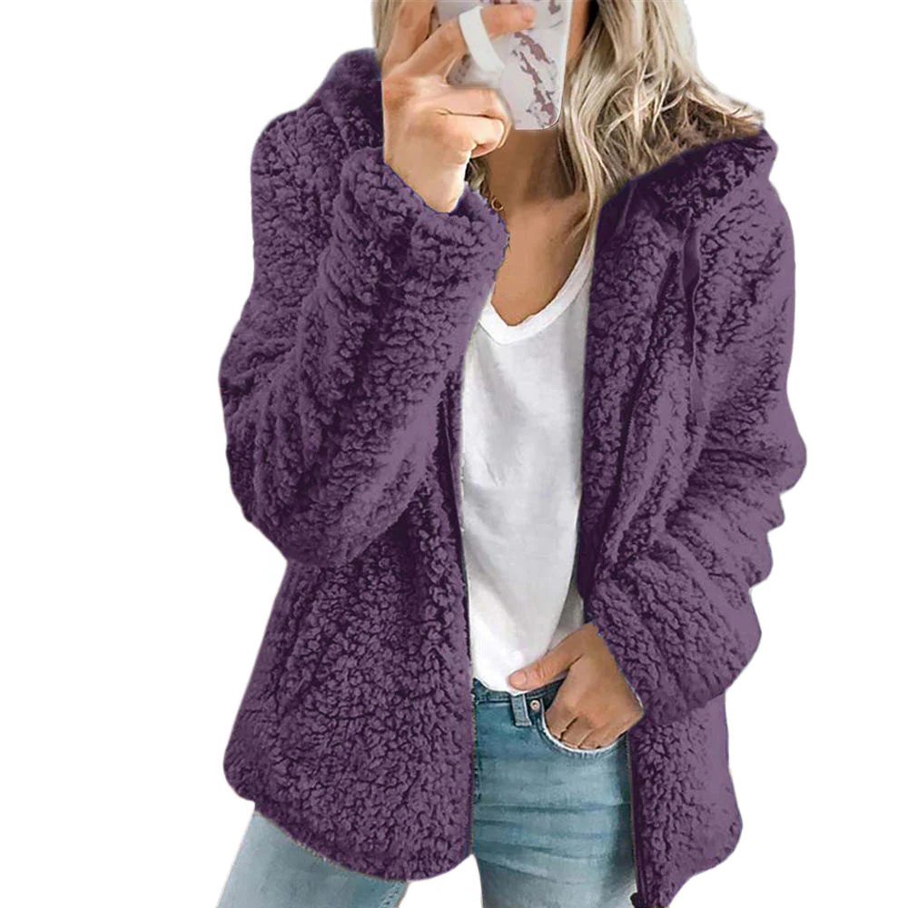 Fleece Coat with Teddy Bear Texture and Front Zipper, Side Pockets
