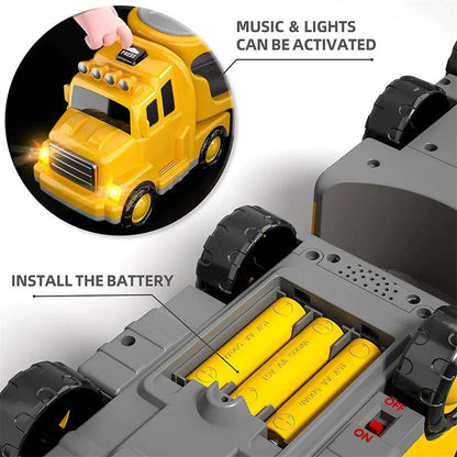 Friction Powered Construction Carrier Truck with Lights, Sounds and Foldable Ramp, 5 Piece Set