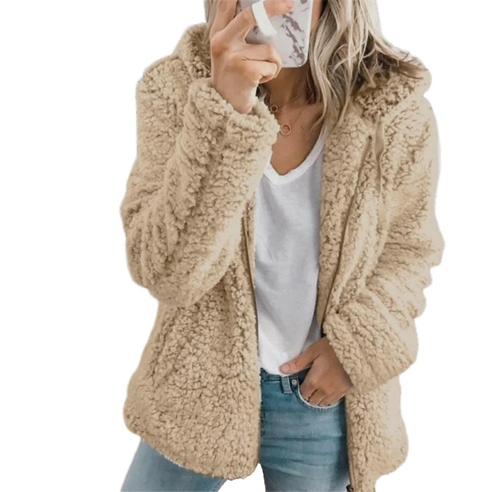 Fleece Coat with Teddy Bear Texture and Front Zipper, Side Pockets