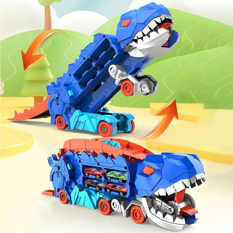 Transform-and-Race Dinosaur Truck Playset with Twin Tracks and 3 Mini Cars for Ages 3+