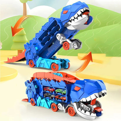 Transform-and-Race Dinosaur Truck Playset with Twin Tracks and 3 Mini Cars for Ages 3+