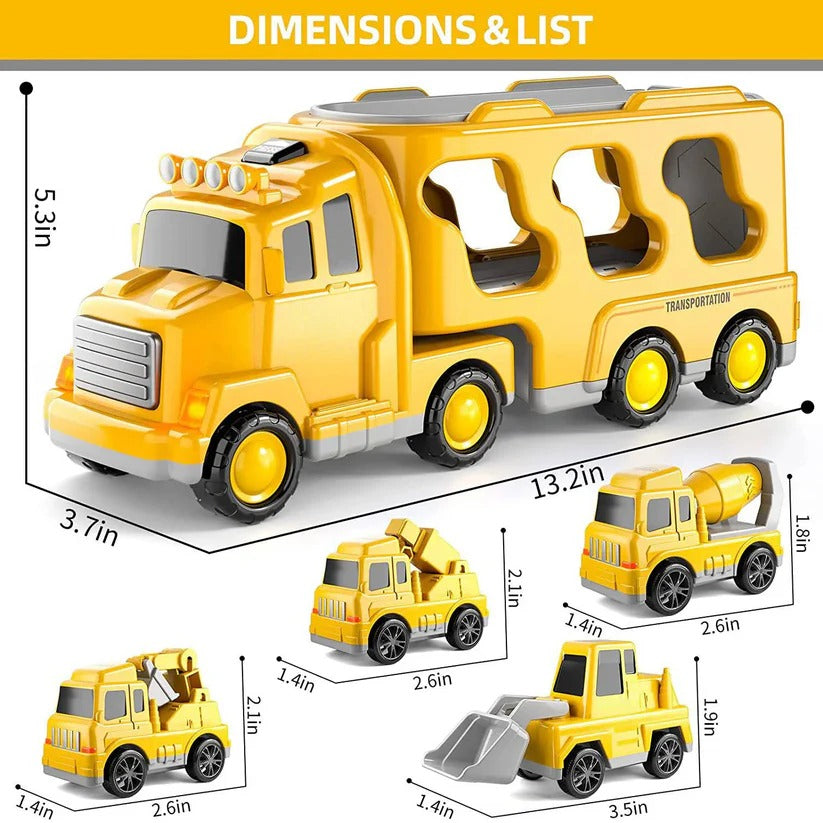 Friction Powered Construction Carrier Truck with Lights, Sounds and Foldable Ramp, 5 Piece Set