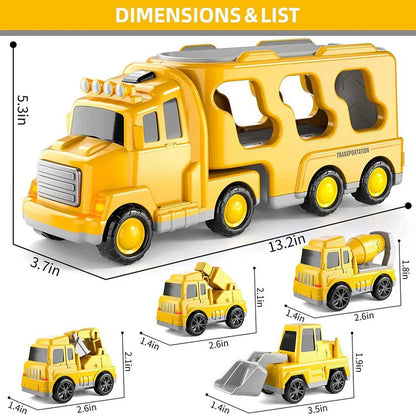Friction Powered Construction Carrier Truck with Lights, Sounds and Foldable Ramp, 5 Piece Set