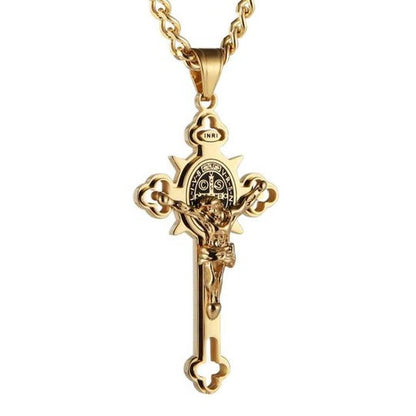 Engraved Crucifix Medal Pendant with Dual-Sided Design and Silver Tone Finish