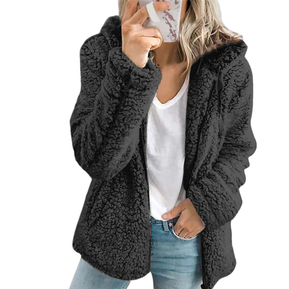 Fleece Coat with Teddy Bear Texture and Front Zipper, Side Pockets