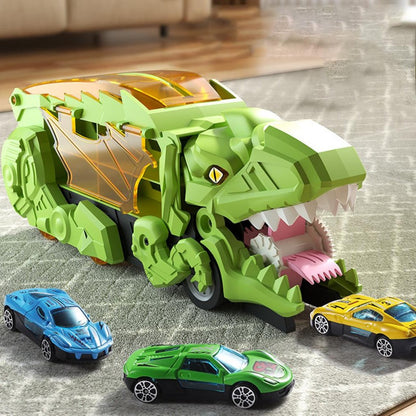Transform-and-Race Dinosaur Truck Playset with Twin Tracks and 3 Mini Cars for Ages 3+