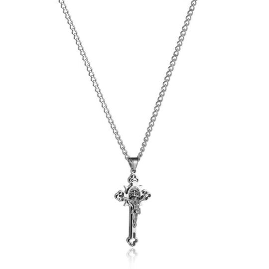 Engraved Crucifix Medal Pendant with Dual-Sided Design and Silver Tone Finish