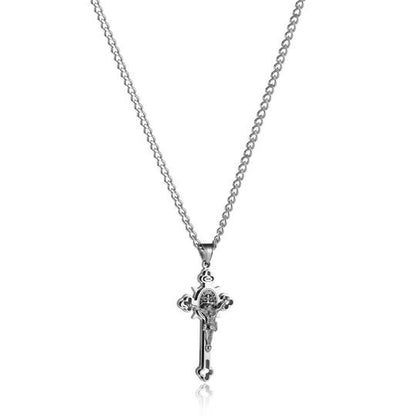 Engraved Crucifix Medal Pendant with Dual-Sided Design and Silver Tone Finish