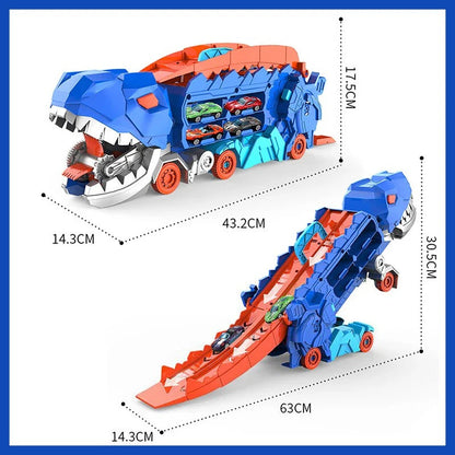 Transform-and-Race Dinosaur Truck Playset with Twin Tracks and 3 Mini Cars for Ages 3+