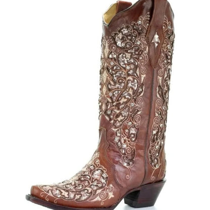 Sequined Embroidery Long Boots with Pointed Toe and Thick Heel