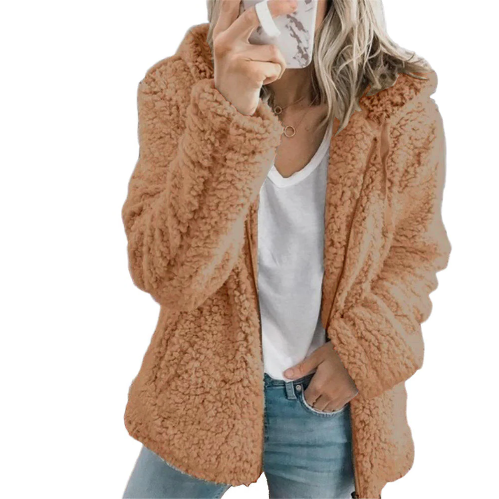 Fleece Coat with Teddy Bear Texture and Front Zipper, Side Pockets