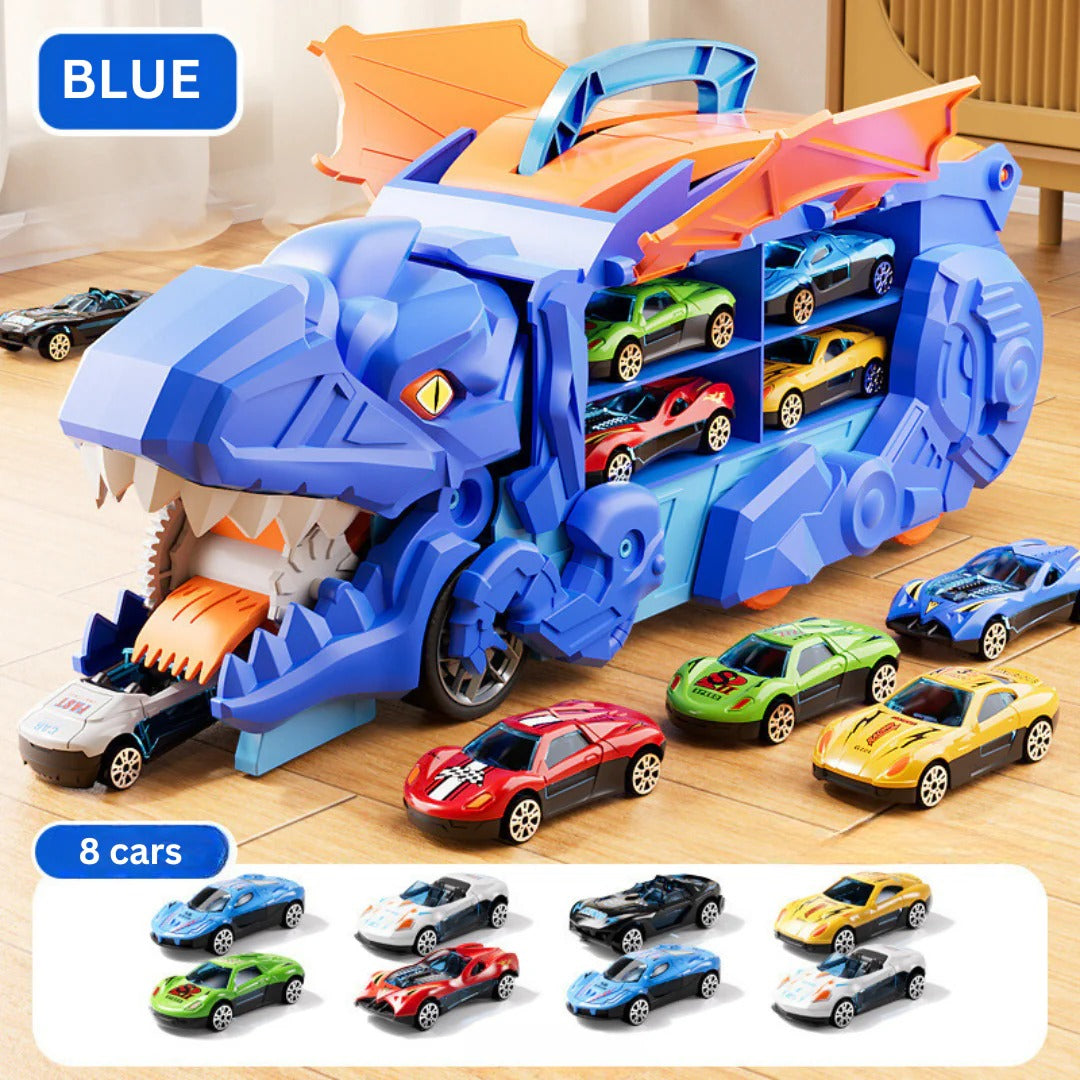 Transform-and-Race Dinosaur Truck Playset with Twin Tracks and 3 Mini Cars for Ages 3+