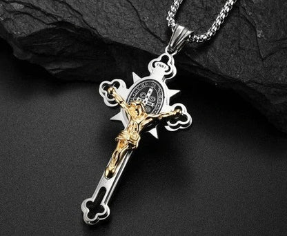 Engraved Crucifix Medal Pendant with Dual-Sided Design and Silver Tone Finish