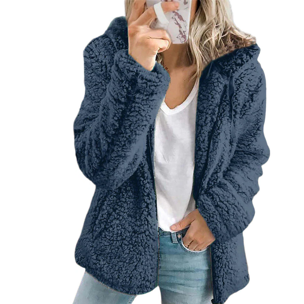 Fleece Coat with Teddy Bear Texture and Front Zipper, Side Pockets