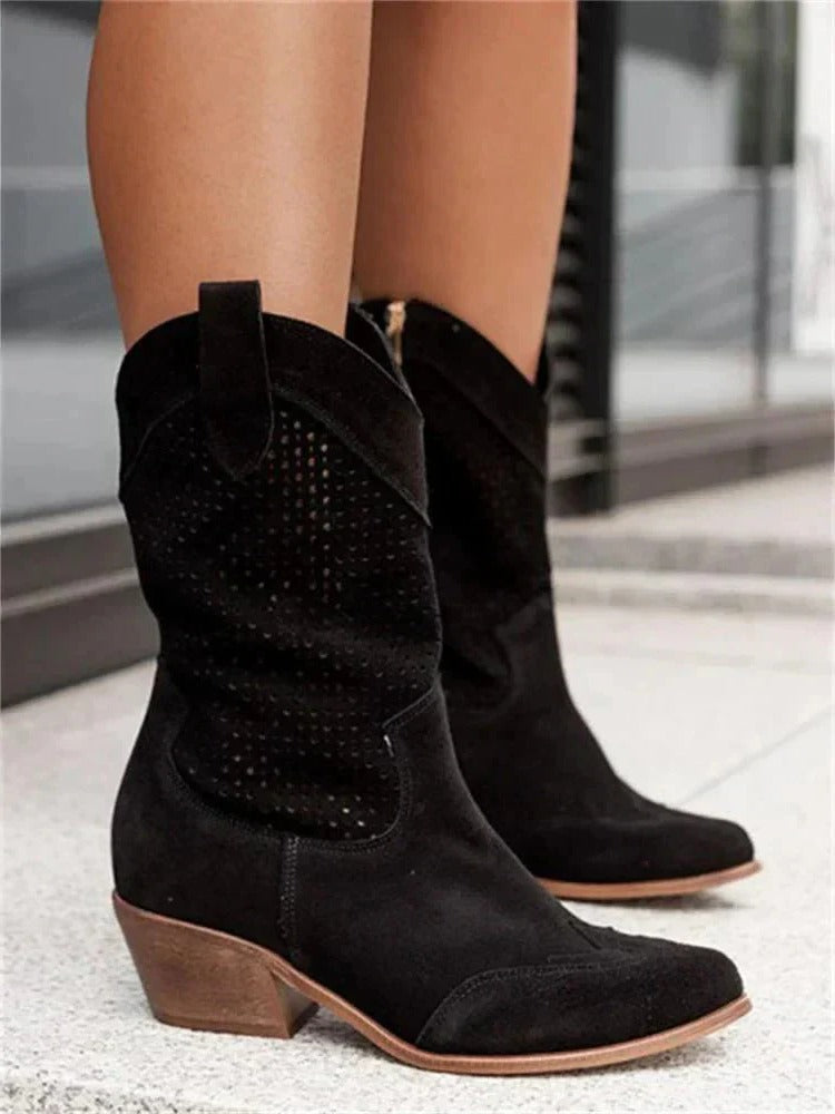 Side Zipper Cowboy Boots with Closed Toe and Contoured Sole, Mid Calf Height