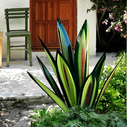 Metal Agave Plant Sculpture with Rust Finish and Metallic Highlights for Outdoor Decor