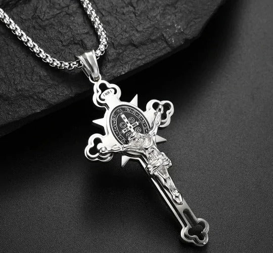 Engraved Crucifix Medal Pendant with Dual-Sided Design and Silver Tone Finish