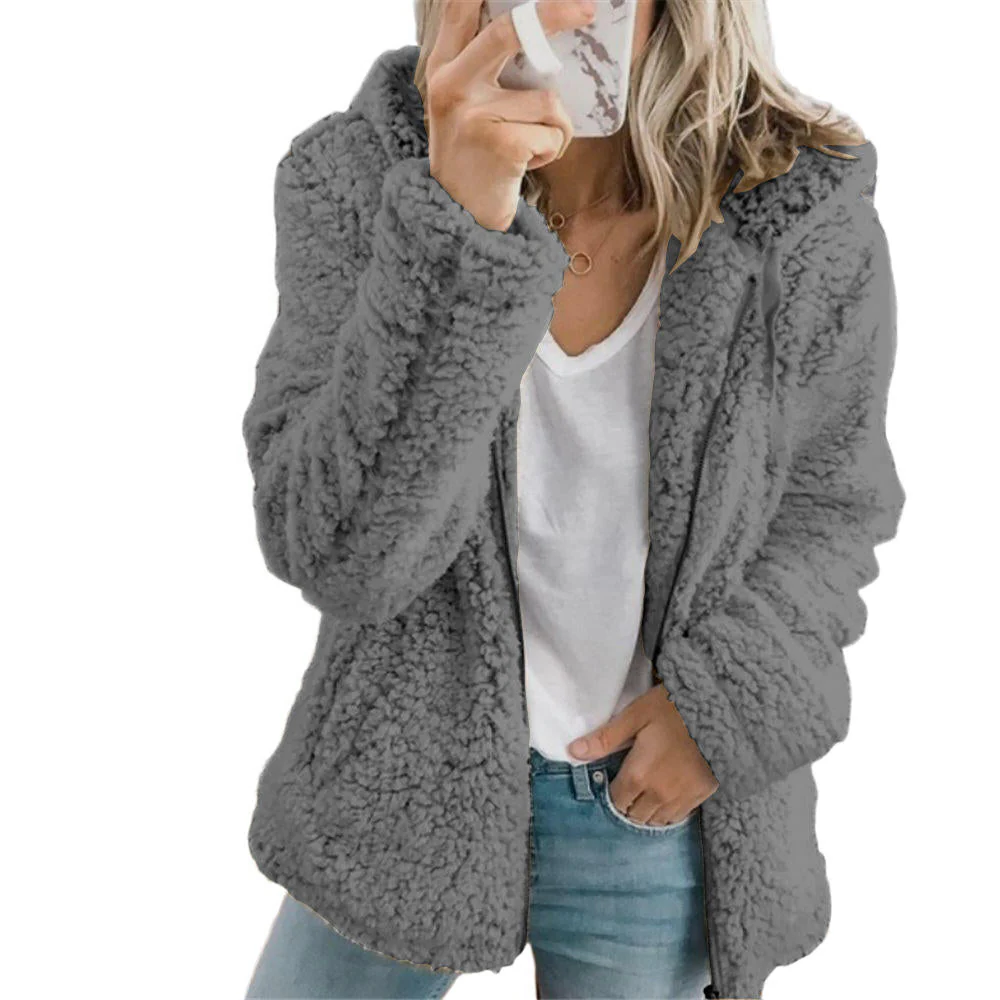 Fleece Coat with Teddy Bear Texture and Front Zipper, Side Pockets