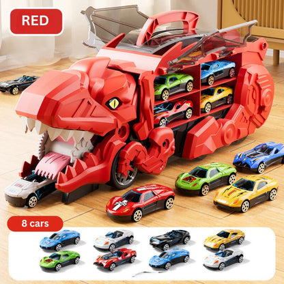 Transform-and-Race Dinosaur Truck Playset with Twin Tracks and 3 Mini Cars for Ages 3+