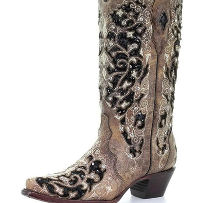 Sequined Embroidery Long Boots with Pointed Toe and Thick Heel