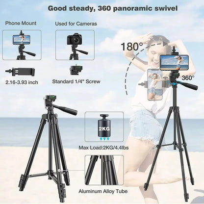 Extendable Tripod Stand with Wireless Remote and Phone Mount for Cameras