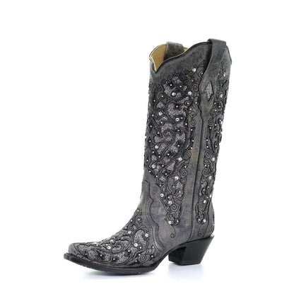 Sequined Embroidery Long Boots with Pointed Toe and Thick Heel
