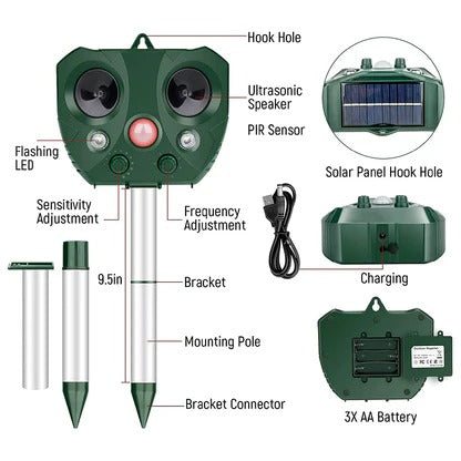 Ultrasonic Bird Repeller with Solar Power and Flashing Light Deterrent for 30ft Coverage