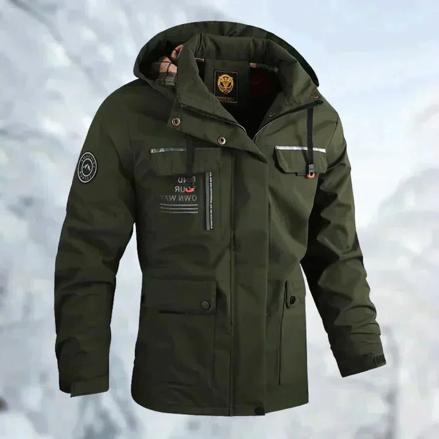 Men's Outdoor Jacket with Breathable Membrane and Removable Hood, Zippered Pockets