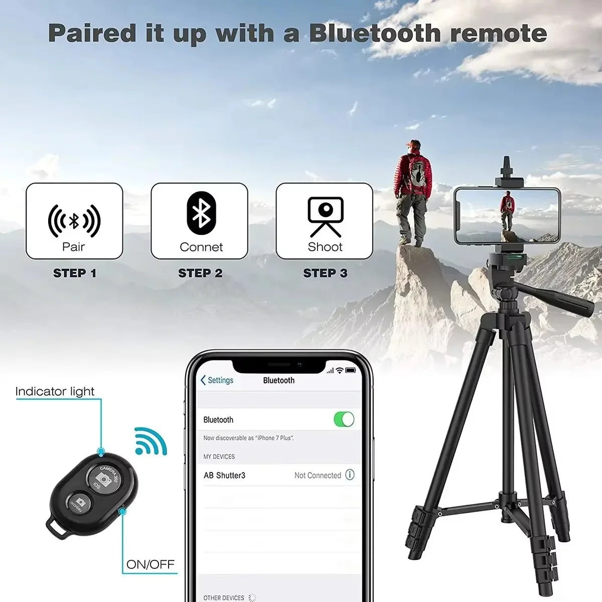 Extendable Tripod Stand with Wireless Remote and Phone Mount for Cameras