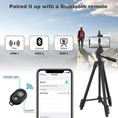 Extendable Tripod Stand with Wireless Remote and Phone Mount for Cameras
