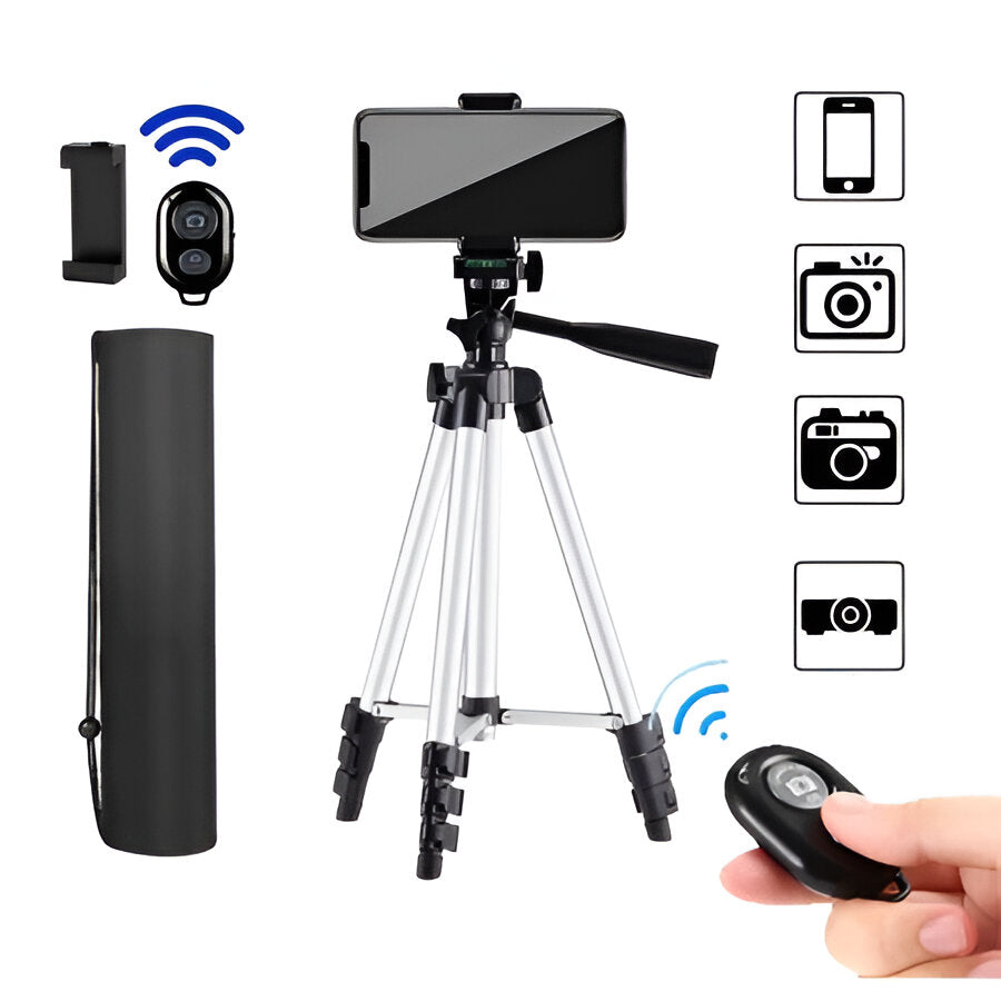 Extendable Tripod Stand with Wireless Remote and Phone Mount for Cameras