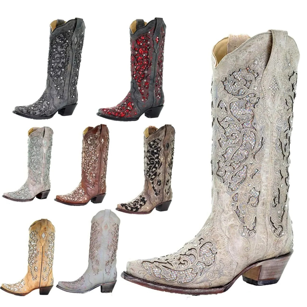 Sequined Embroidery Long Boots with Pointed Toe and Thick Heel