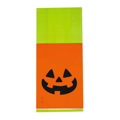 Jack O Lantern Cellophane Treat Bags with Lime Green Top and Black Pumpkin Design, 50 Pack