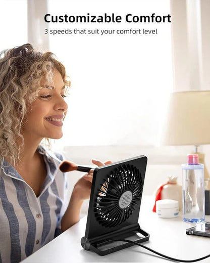 Compact Desk Fan with 220 Degree Tilt and Three Speed Settings, USB Powered