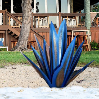 Metal Agave Plant Sculpture with Rust Finish and Metallic Highlights for Outdoor Decor