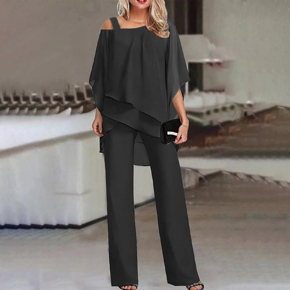 Women's Cold Shoulder Two-Piece Suit with Long Sleeves and Full Length Trousers