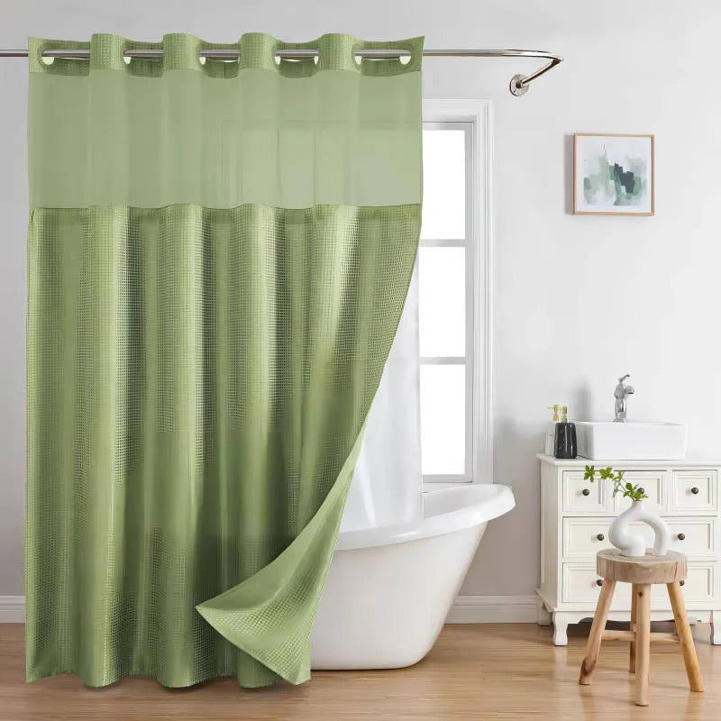Waffle Textured Shower Curtain with Sewn-In Rings and Mesh Window Panel